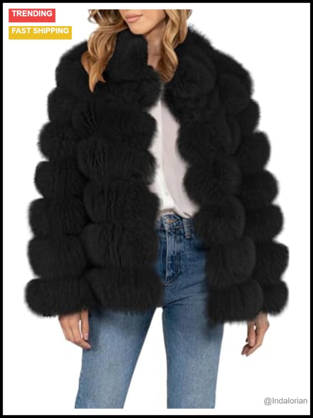 Womens Faux Fur Jacket Winter Loose Zip Up Coat with Pockets